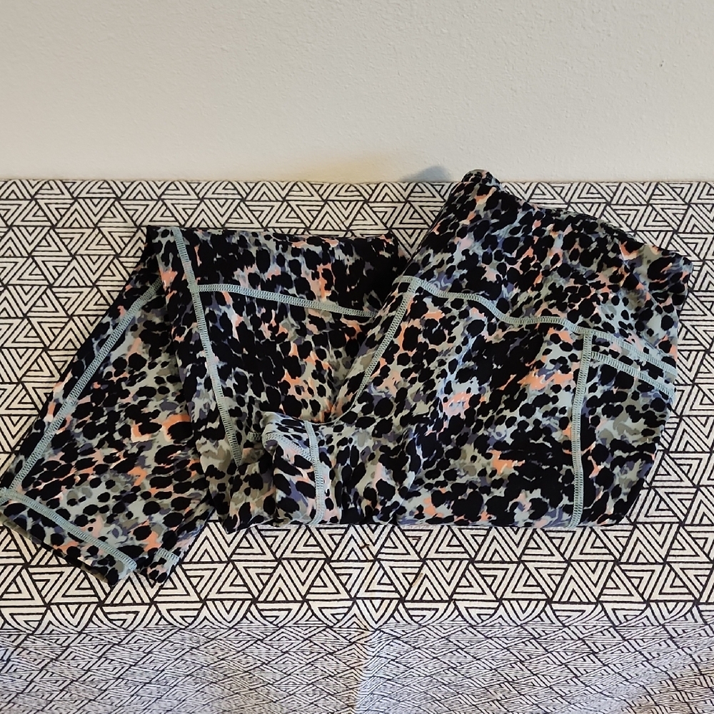 Sweaty Betty Patterned Leggings with Blue and Pink Accents